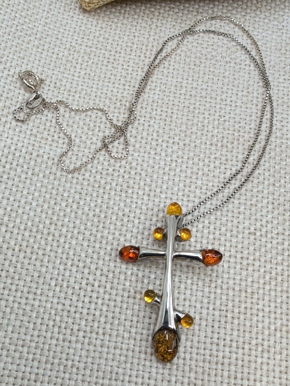 Vintage Baltic Amber Sterling Silver Cross Pendant Necklace 925 Poland 18" - Picture 4 of 16